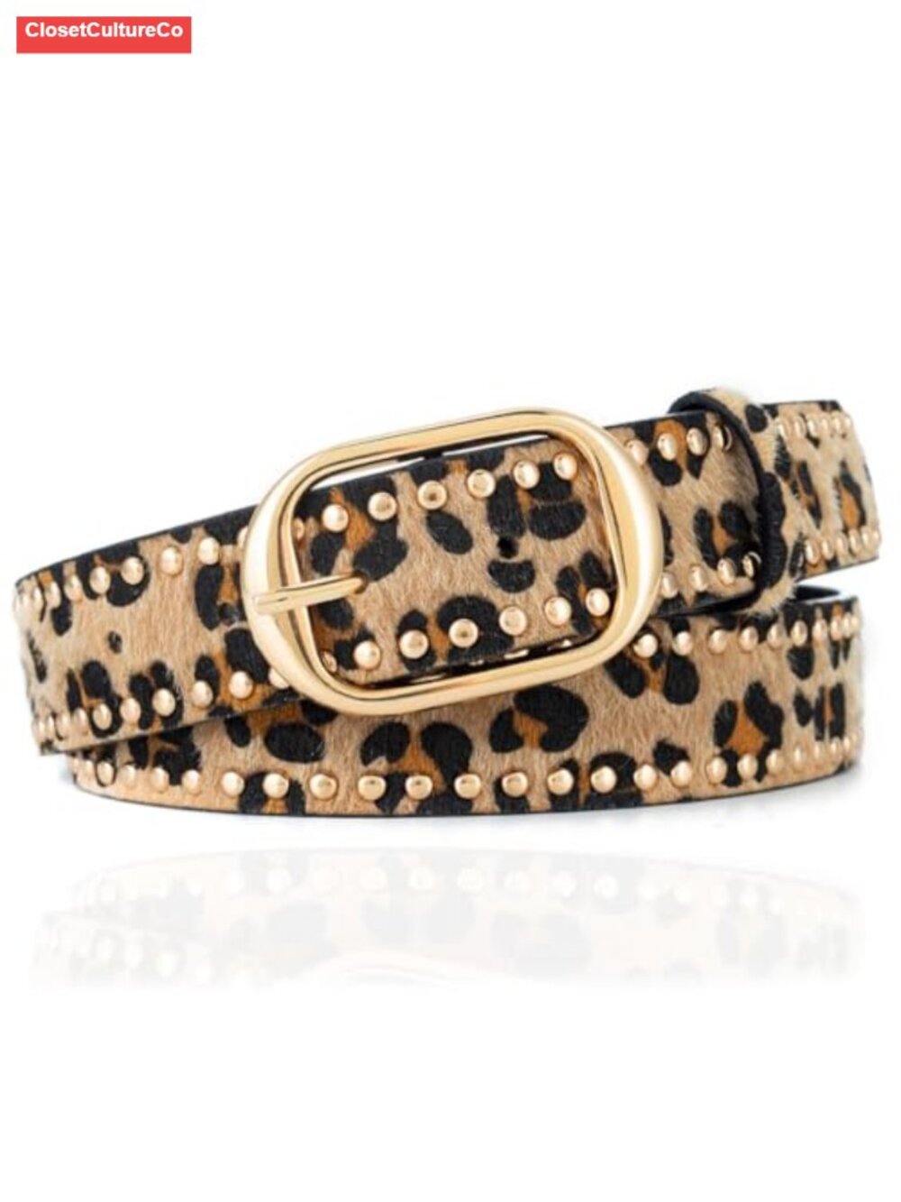 Leopard Print Belt Faux Leather Studded Western Gold Buckle Waist Belt